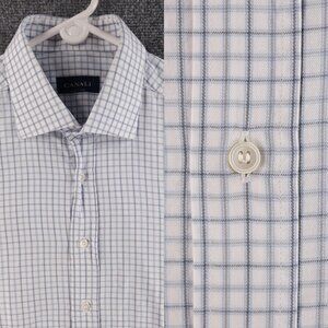 Canali Blue Gray Italy Cotton Check 16.5 Long Sleeve Mens Button Up Shirt Spread